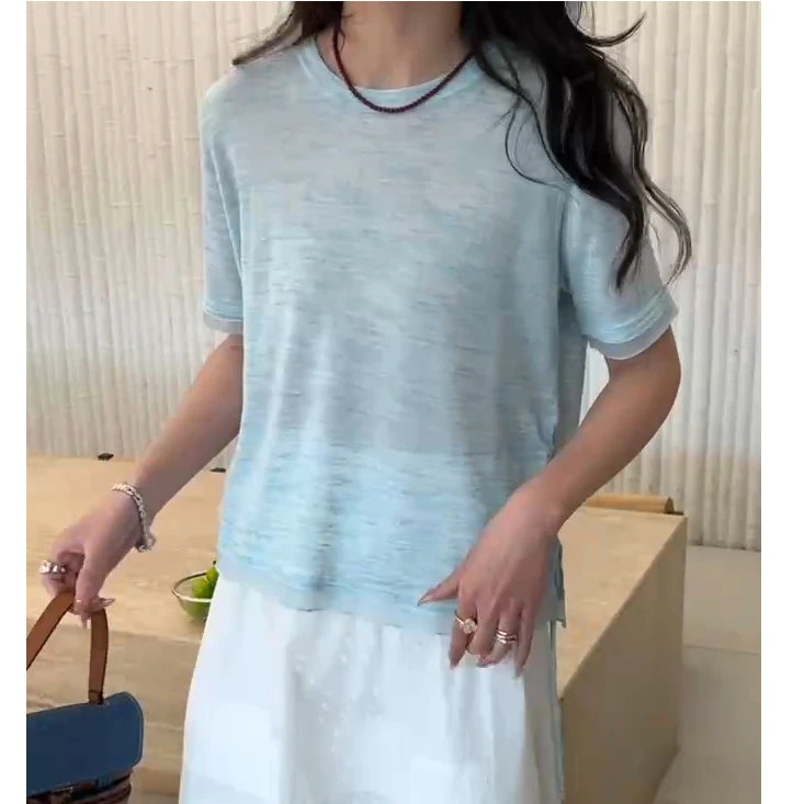 68010时尚抽褶短袖针织衫女夏季薄款清凉百搭透气t恤上衣显瘦