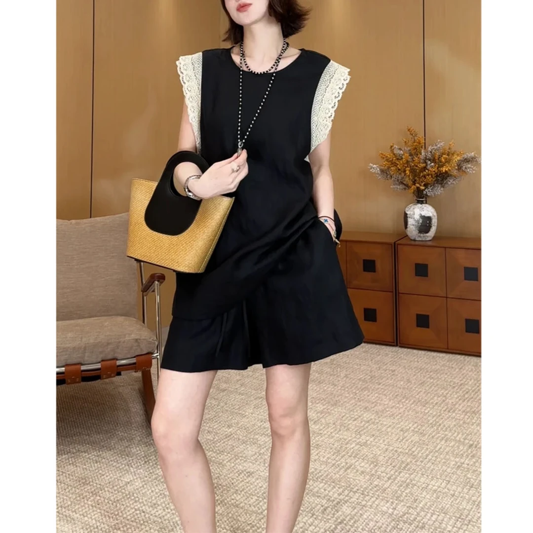 时尚休闲套装女2025夏季新款洋气宽松显瘦蕾丝拼接上衣短裤两件套