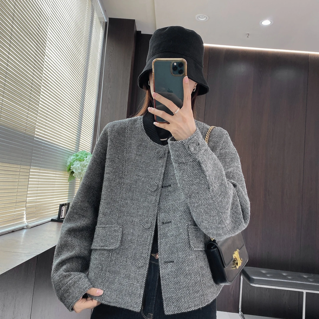 IMFLY金小金自制 绵羊毛外套DYW7608拼接针织领毛呢短上衣女秋季