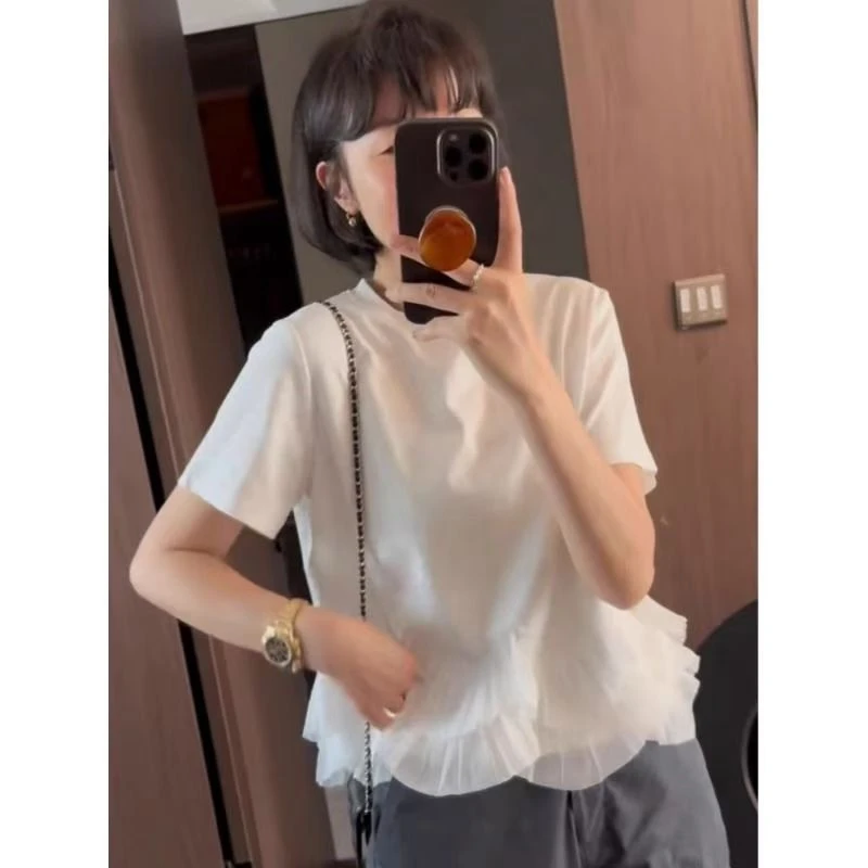 显瘦内搭纯棉上衣设计感拼接荷叶边正肩t恤衫女士春夏款洋气减龄