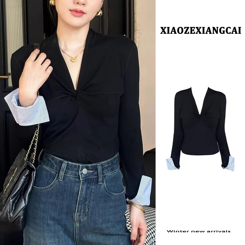 黑色V领拼接扭结长袖打底衫女2024新款秋冬季修身内搭可外穿上衣