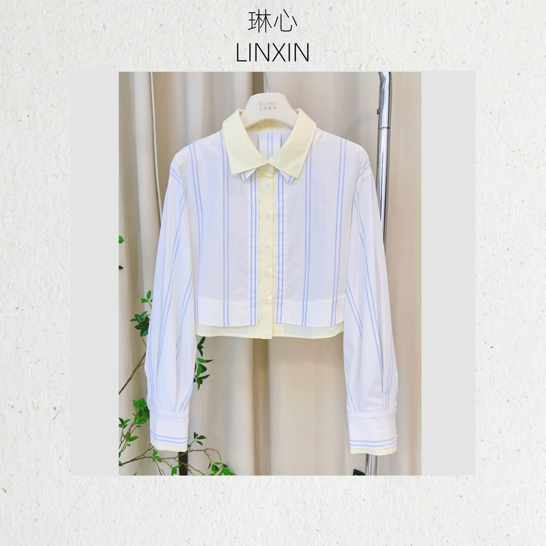 琳心春季新款气质休闲白蓝拼色条纹假两件长袖衬衫 0588