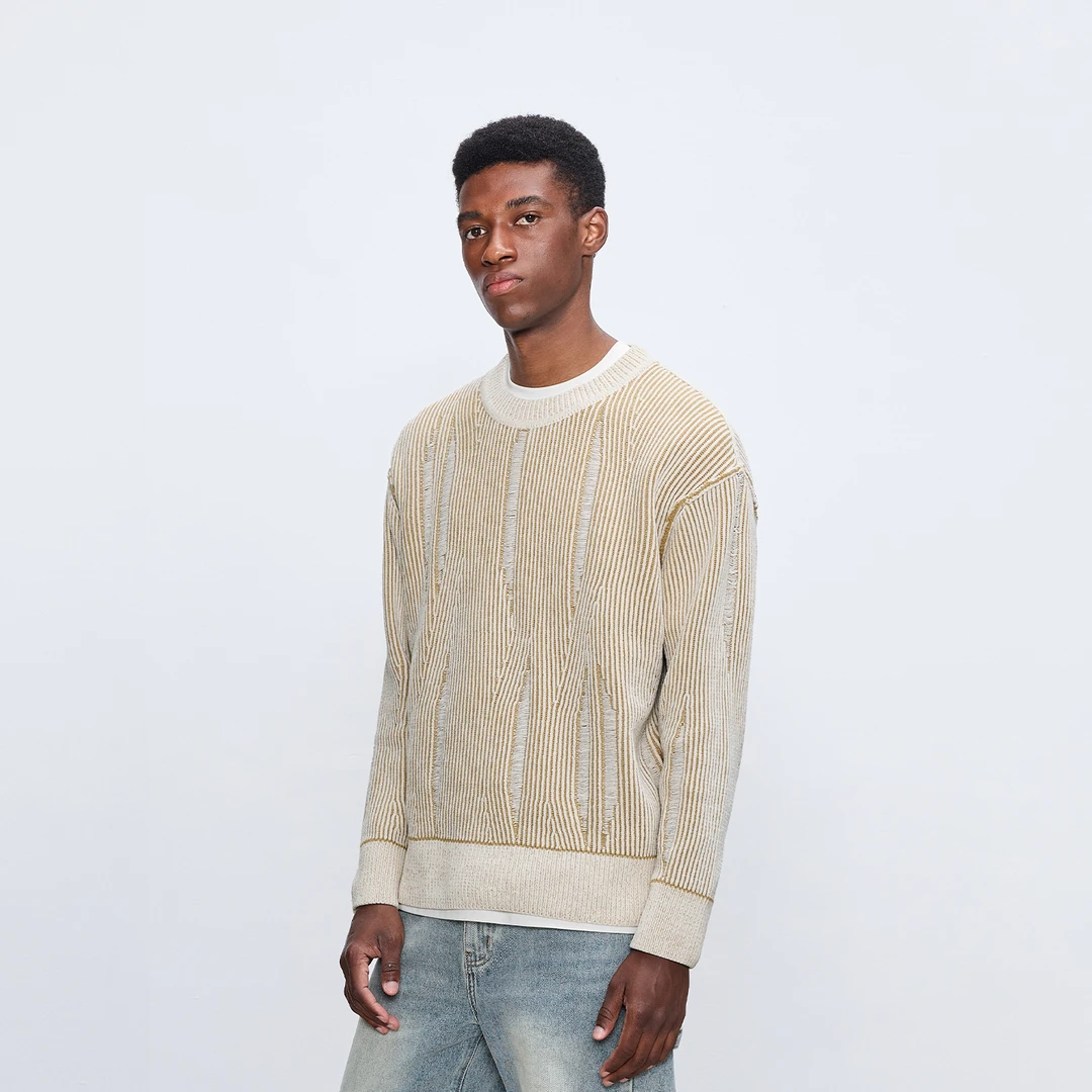 CHINISM赤尘 撞色粗条纹理落肩圆领毛衣男秋季磨破复古套头上衣