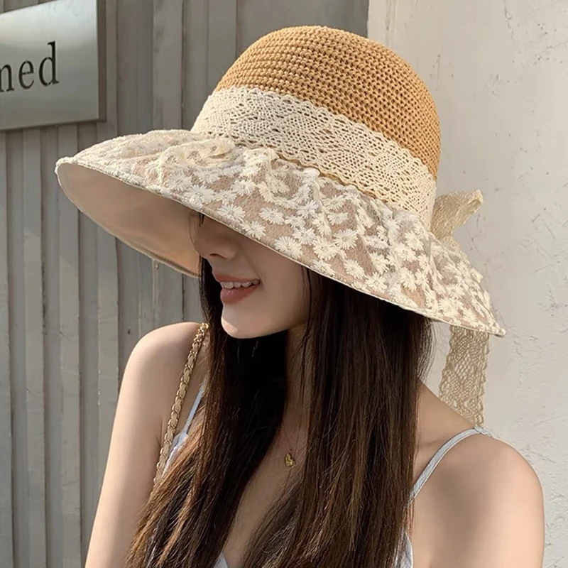 夏季蝴蝶结渔夫帽子女款2025新款大帽檐遮阳帽韩版海边沙滩帽