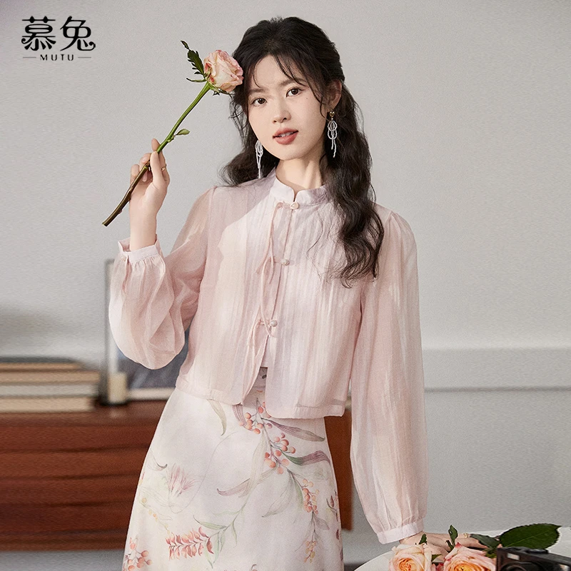 慕兔新中式国风套装女2025春季新款复古立领衬衫印花半身裙两件套