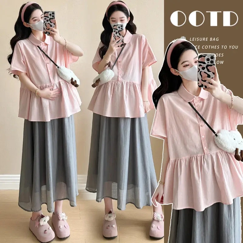 【丽丽家】减龄孕妇装夏装新款宽松娃娃衫上衣休闲百搭猪鼻扣半身裙