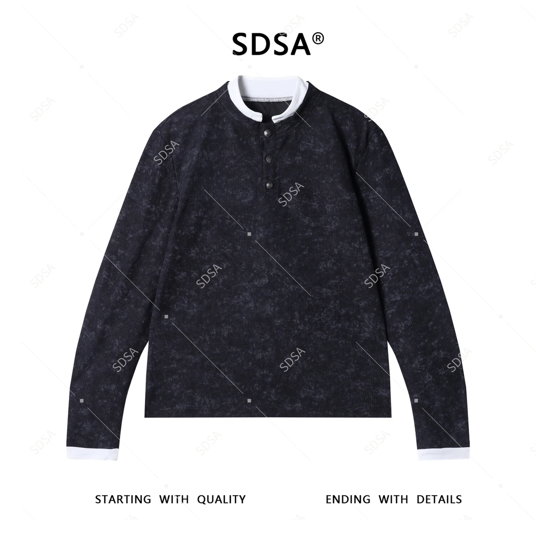 SDSA夏季新款男士痞帅美式扎染半纽扣圆领假两件长袖T恤百搭时尚