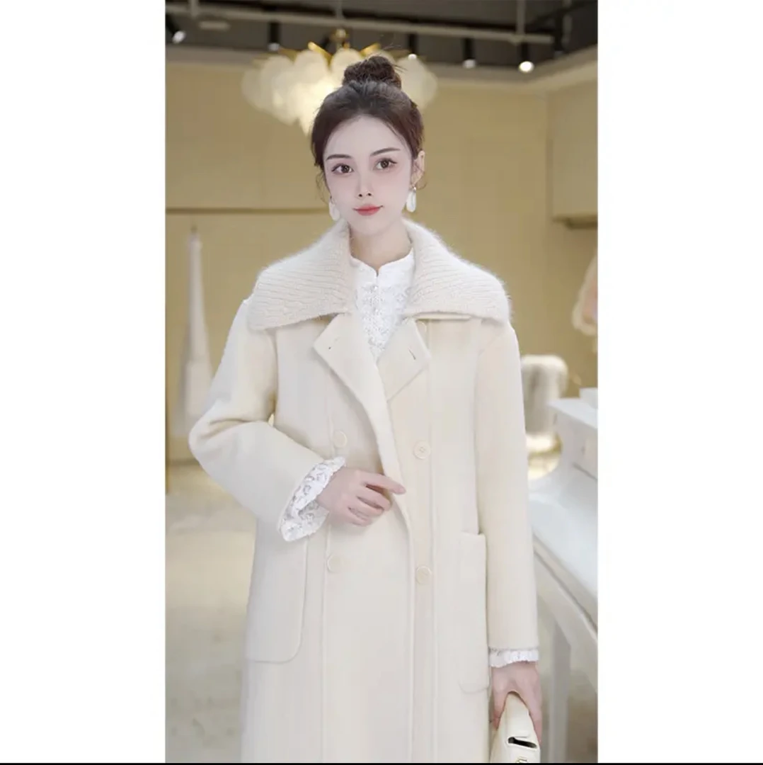 【清】2025秋冬季新款时尚中长款毛线领双排扣大口袋双面呢大衣女