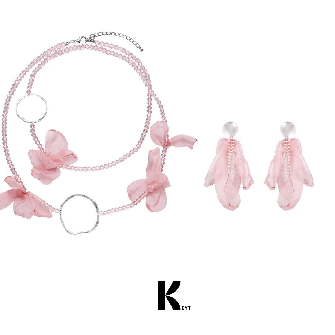 铜合金布艺耳饰 粉花系列古风百搭时尚