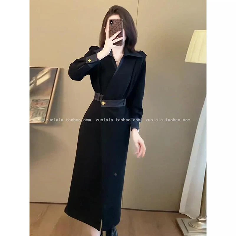 法式赫本风气质黑色长袖衬衫连衣裙女夏季波西米亚连衣裙