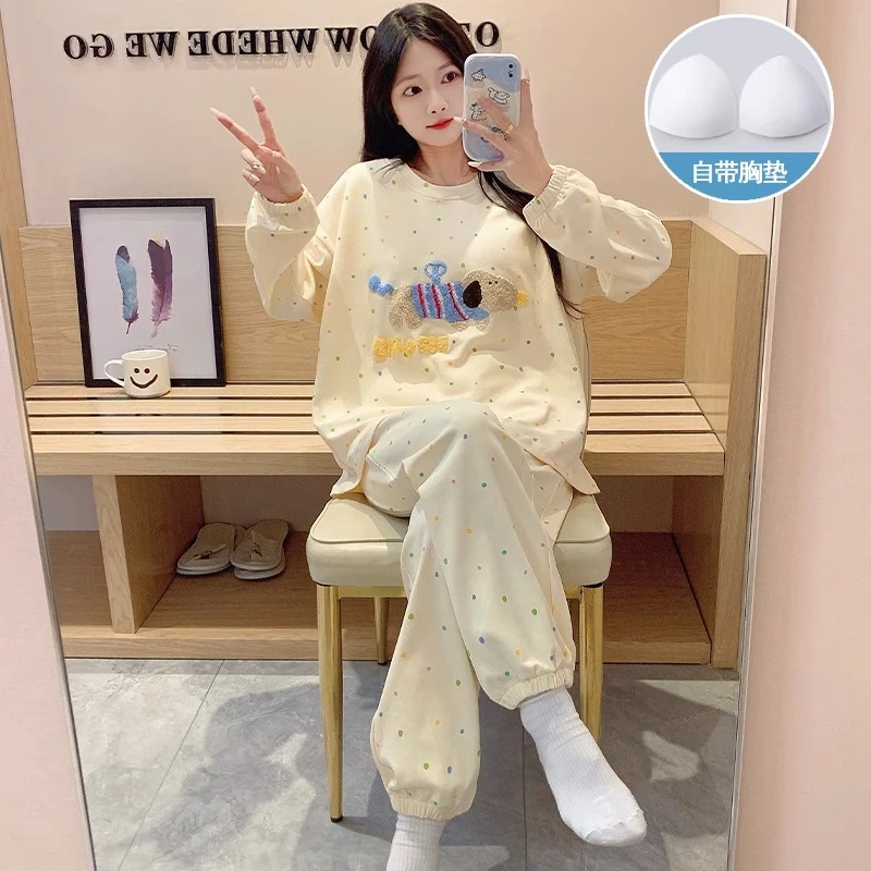 约蒂宾弗睡衣女春秋带胸垫防凸点卡通长袖秋冬可外穿家居服套装