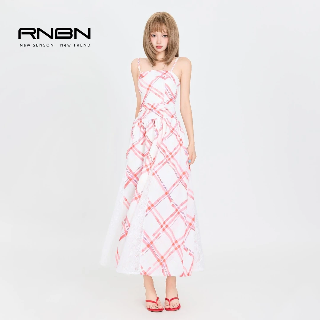 RNBN新款甜美减龄樱桃红格拼接蕾丝连衣裙修身时尚显瘦气质长裙