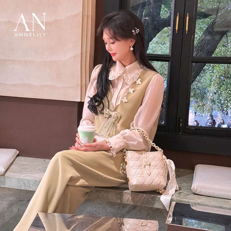 ANNELILY【可晴】新款上新设计感休闲百搭长裤套装