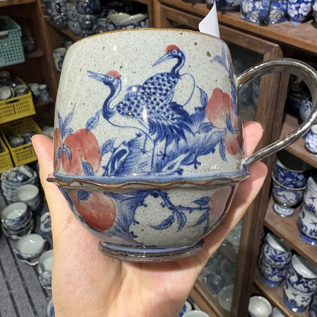 【近山古美】桃子仙鹤裙边把手杯高温手绘釉下青花瓷