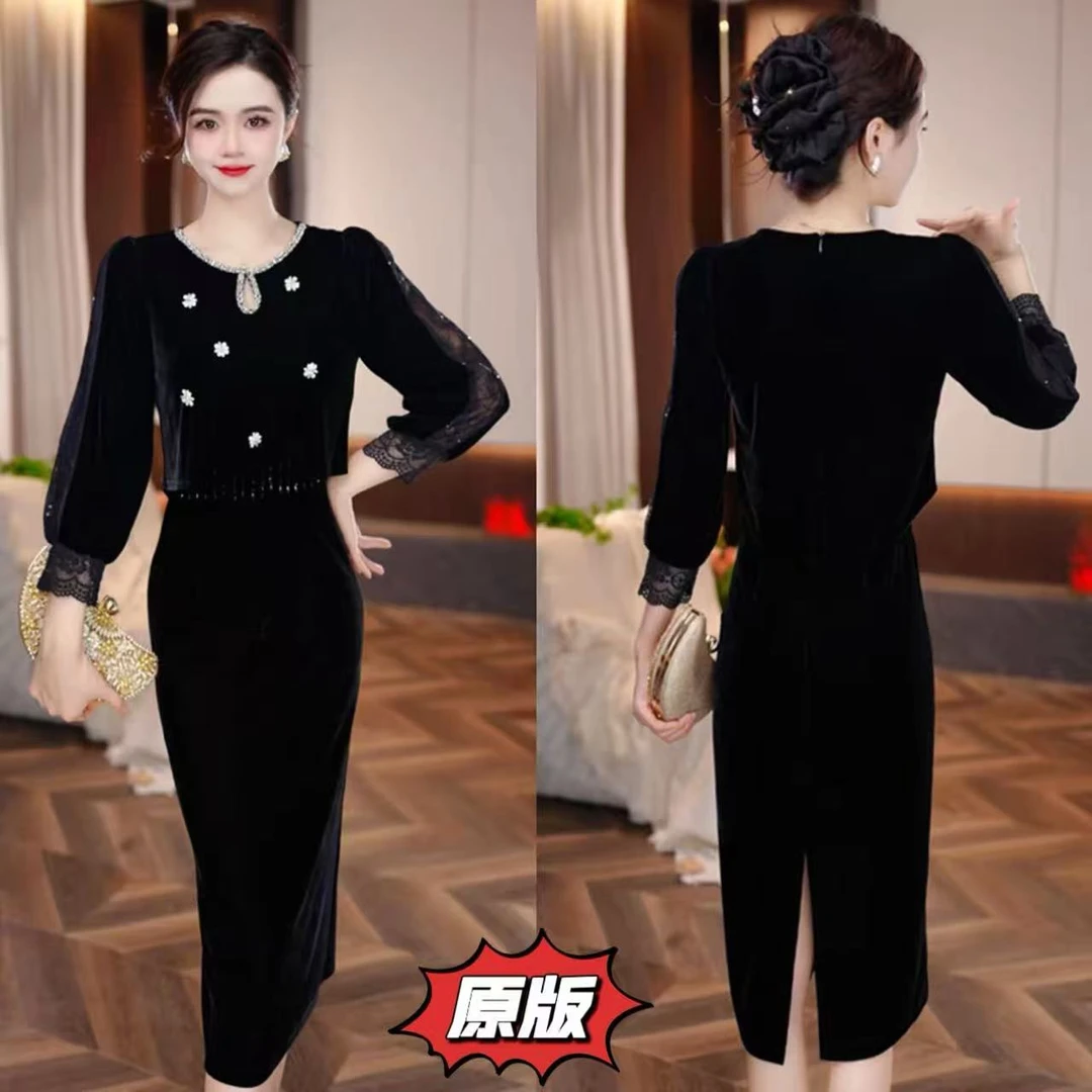 [山茶花开】高档丝绒时尚假两件连衣裙2025秋季这款显瘦洋气礼服裙