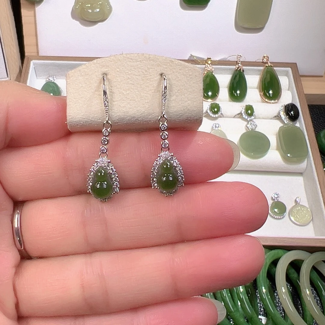 和田玉（碧玉）银S925镶嵌耳饰