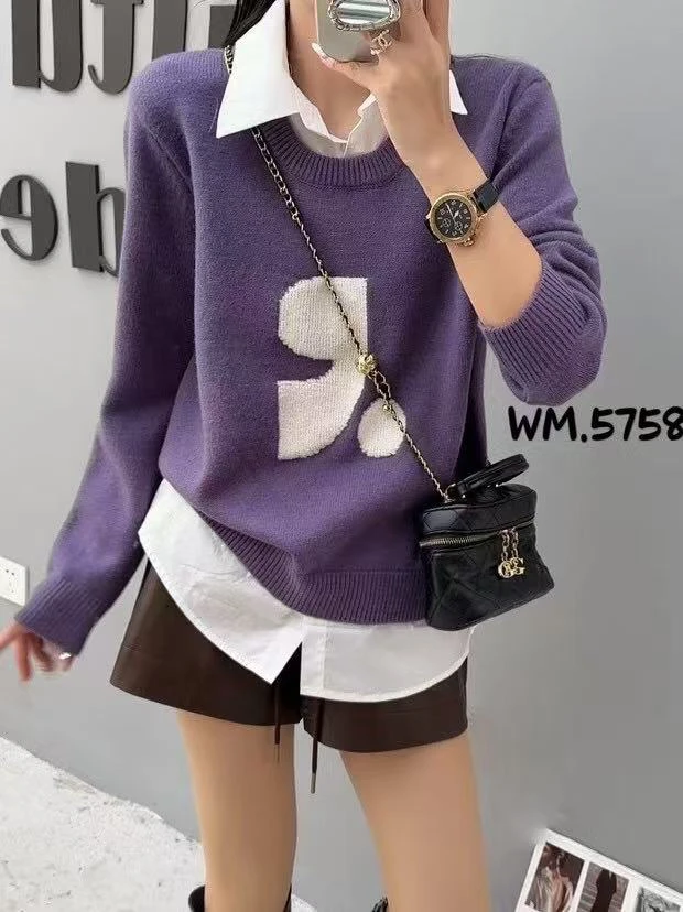 冬季新款拼接衬衫领针织上衣5758
