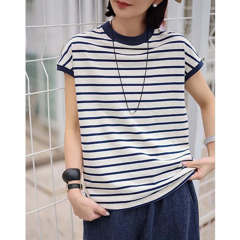 夏新品亚麻混纺针织法式米色蓝条纹半包短袖T恤背心10188