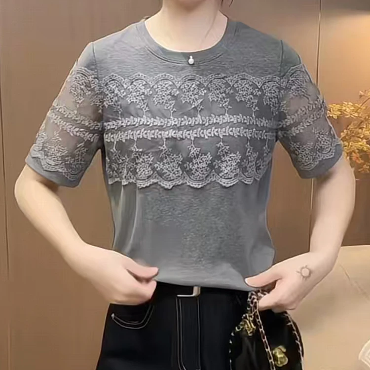 2025夏季新款纯色蕾丝拼接圆领短袖时尚洋气减龄遮肉百搭T恤小衫