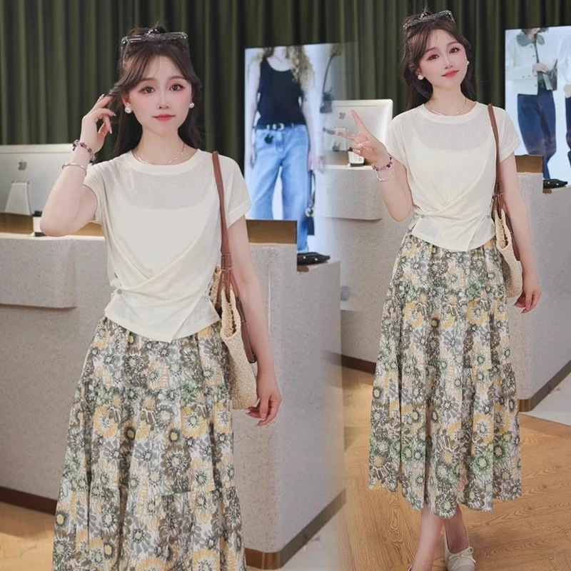 拉夏贝尔时尚套装裙女夏季新款洋气百搭显瘦短袖碎花半身裙两件套