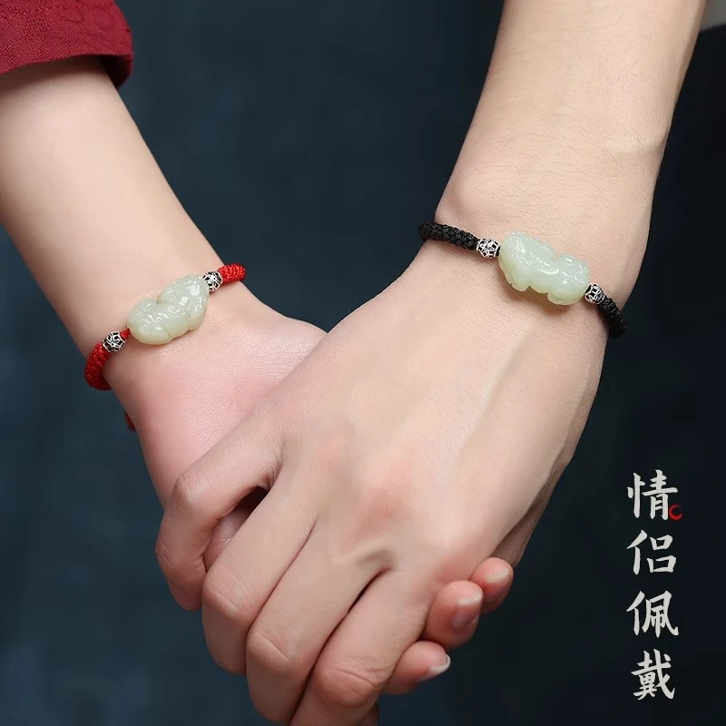 招财天然和田玉小貔貅手链手串情侣编纯银红绳女皮丘男青玉石礼物