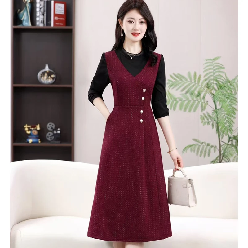 洋气新款假两件连衣裙女2025春季时尚长袖中长款显瘦百搭气质女装