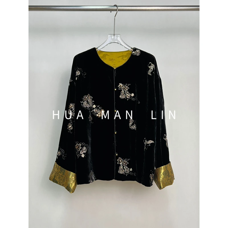 【花滿林】“黑金葫芦”撞色卷袖真丝桑蚕丝丝绒外套259829