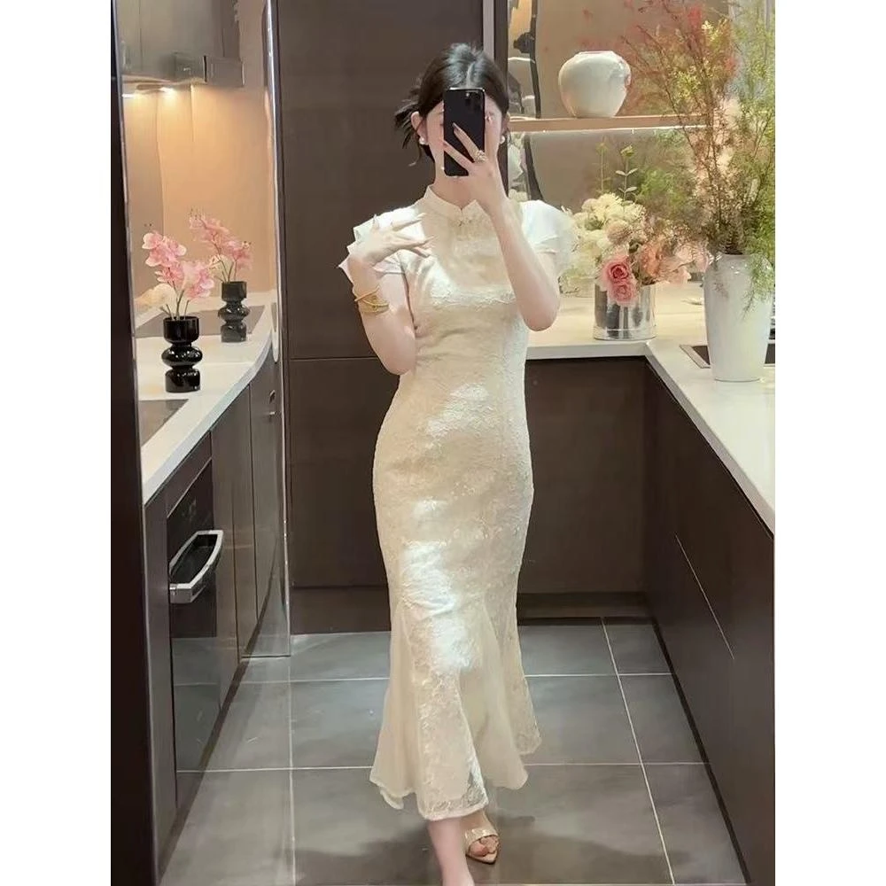 【云瑶】2025新款新中式蕾丝国风千金感连衣裙女装收腰显瘦鱼尾裙