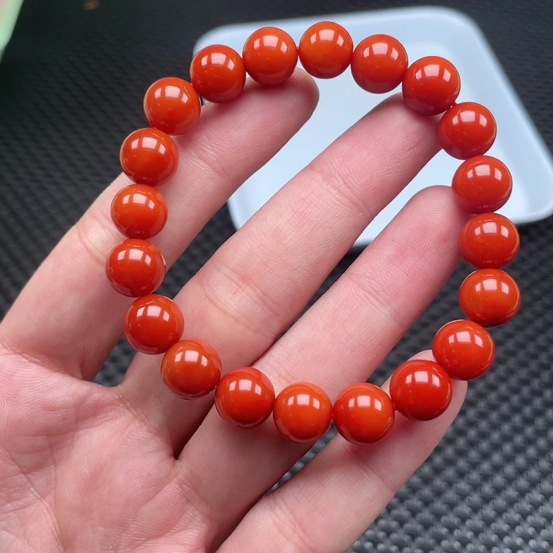 南红玛瑙10mm柿子红圆珠手链整串20颗未镶嵌