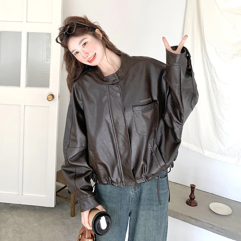 咖色美式复古机车风蛋白皮夹克外套女2025春季新款百搭炸街PU皮衣