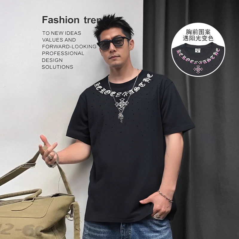 短袖烫钻光变男士显瘦时尚百搭夏季宽松欧美ins圆领短袖男T1983