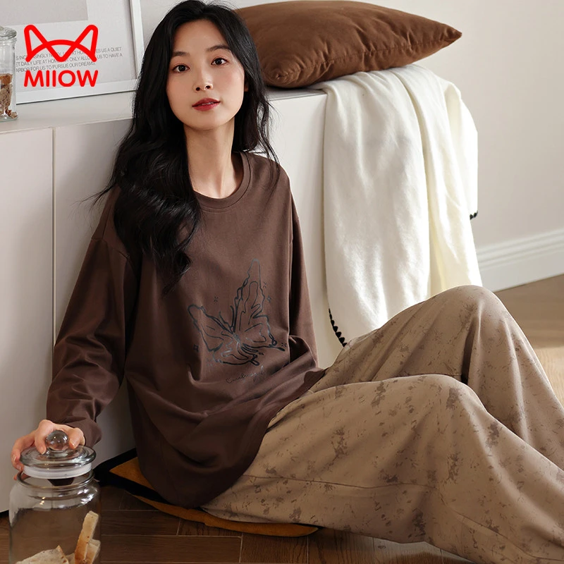 猫人经典睡衣女2025春秋新款纯棉长袖薄款带胸垫可外穿家居服套装