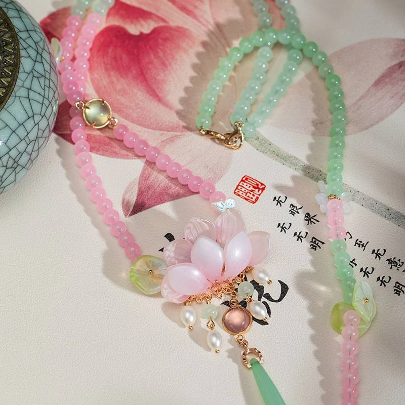 夏新款半开荷花长璎珞压襟发簪头饰汉服配饰