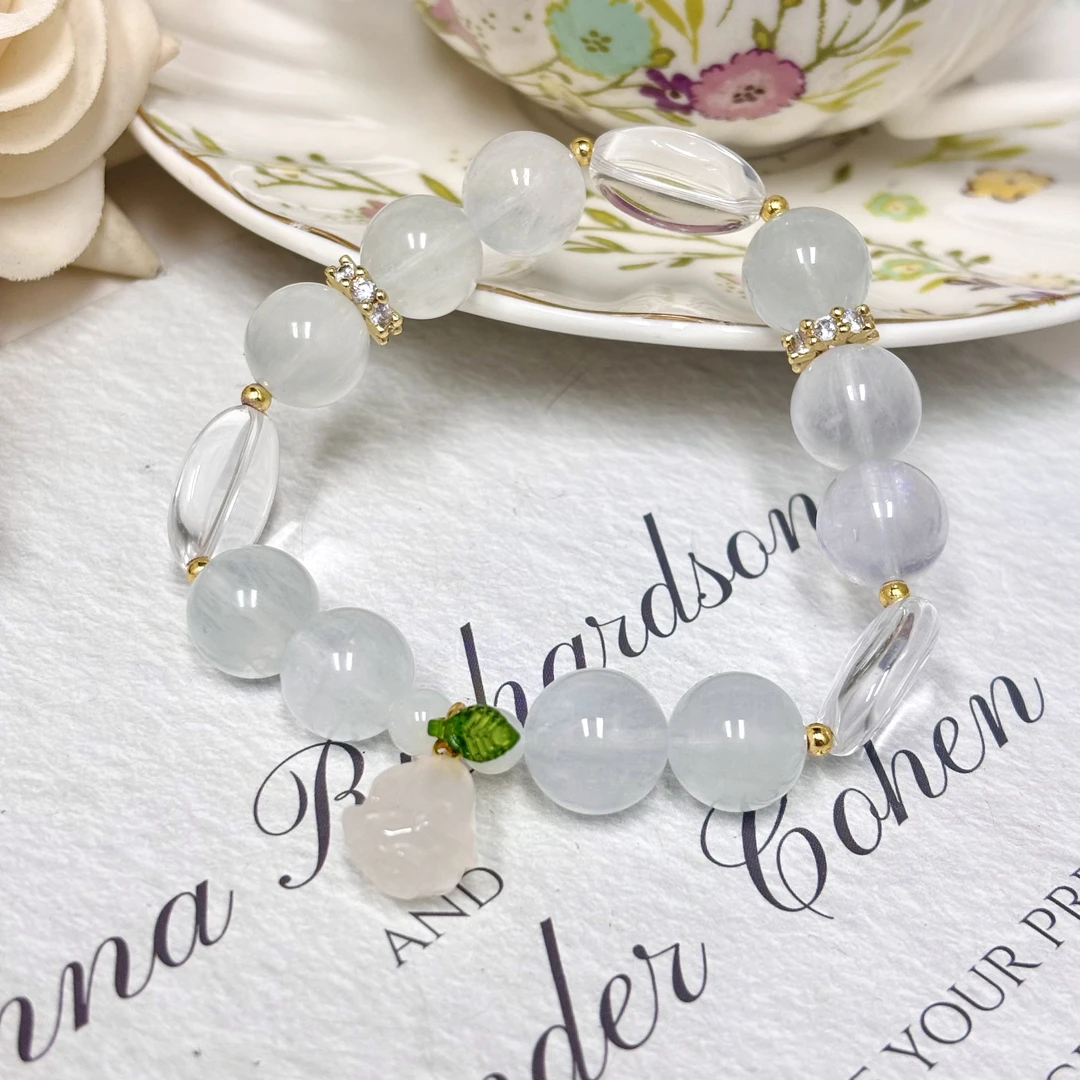 CB3560 白蓝兔毛 白月光 白玛瑙玫瑰花 水晶手串