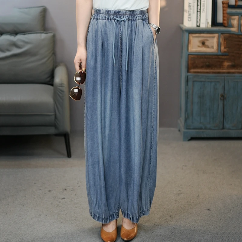 6843雅蓝夏季新款莱赛尔天丝牛仔裤女2025兜兜裤百搭柔软阔腿裤