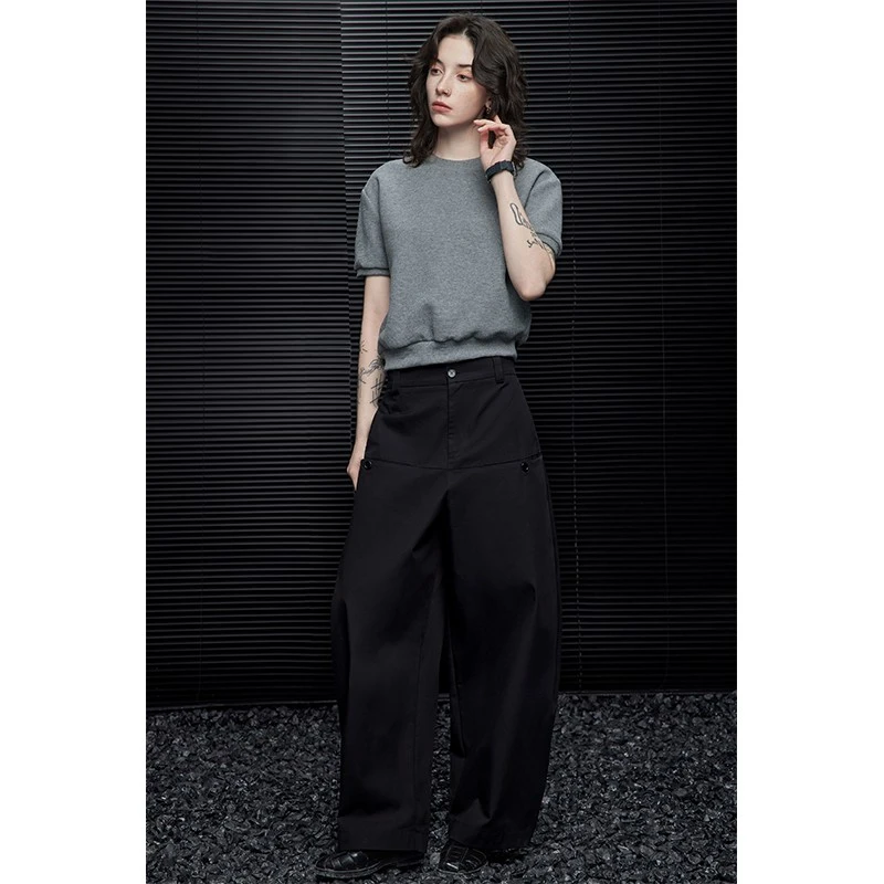 moment黑色宽松休闲阔腿裤女2025春季新款设计感小众松弛感显瘦
