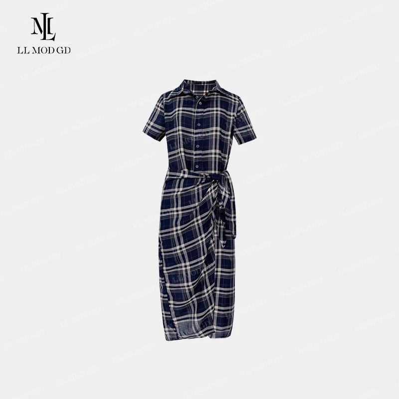 解构窗格 复古格子棉麻连衣裙法式优雅气质绑带连衣裙子YL-261906