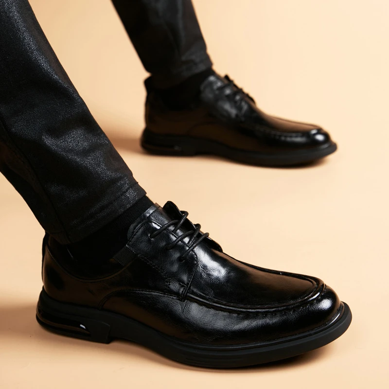 EAEOVNI圆头男皮鞋英伦商务正装黑色百搭系带软底百搭休闲男皮鞋