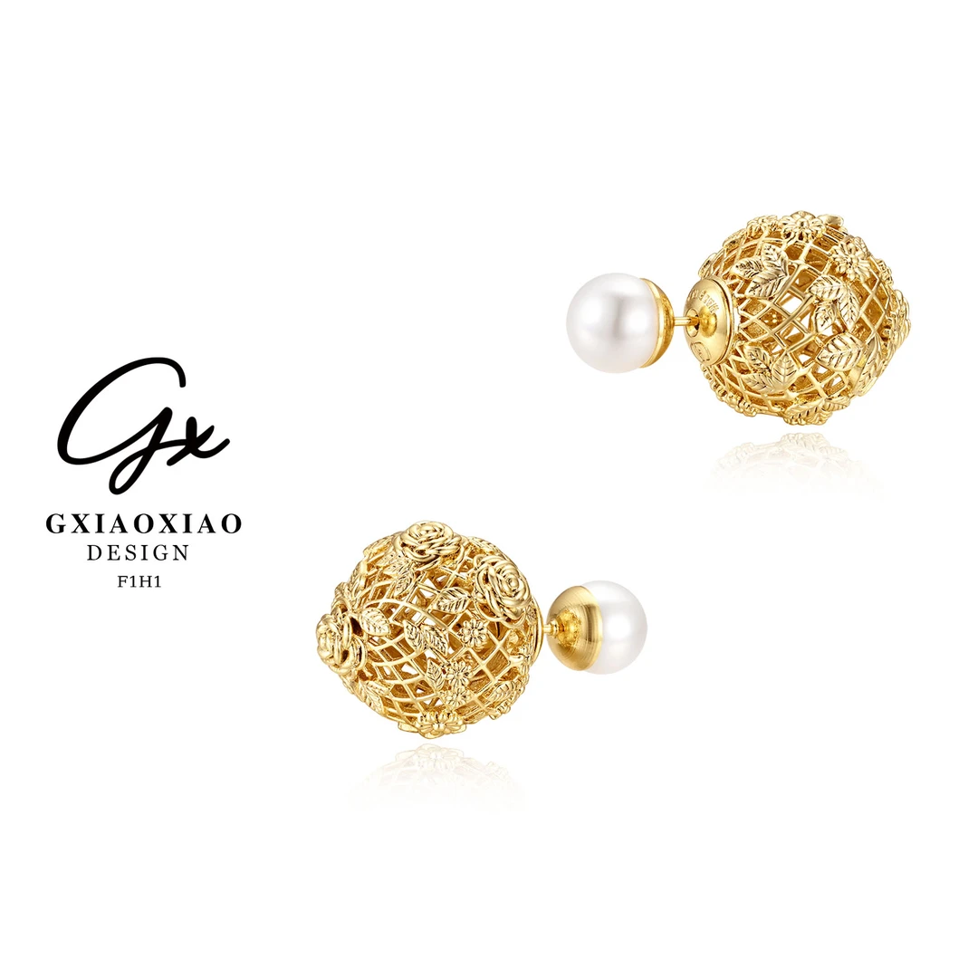 G XIAOXIAO 镀K金 法式气质复古镂空玫瑰花朵两戴款耳环 F1H1