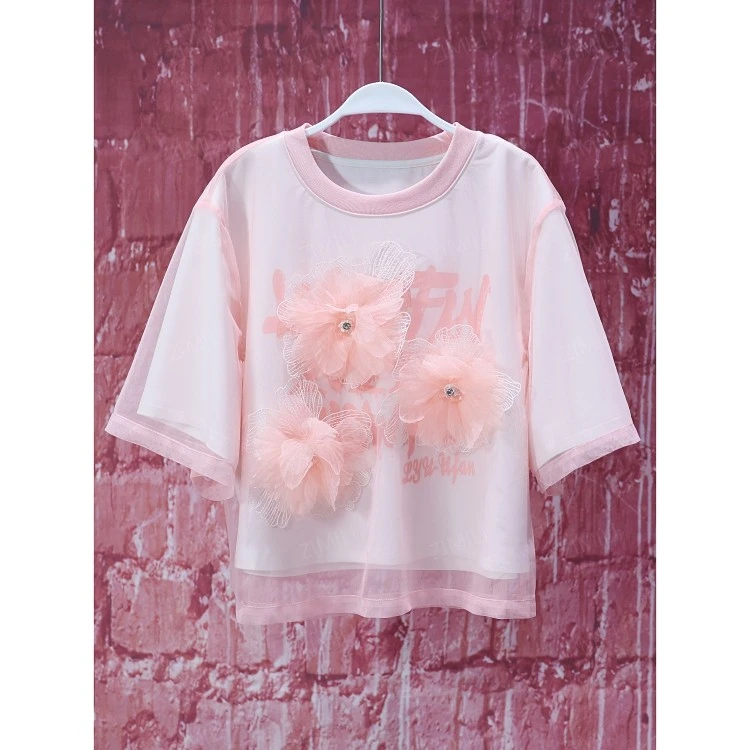 【韩哥女装】夏季银红网纱钉花时尚休闲圆领短袖9736