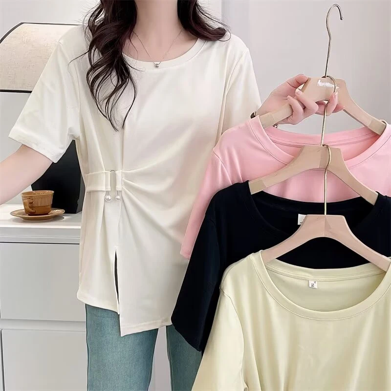 大码女装夏季新款胖MM设计感别致不规则正肩短袖遮肚子显瘦上衣