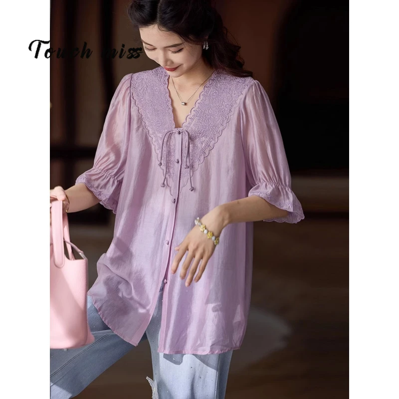 TOUCH MISSV领刺绣雪纺衬衫女2025年夏季新款五分袖衬衣欧洲上衣