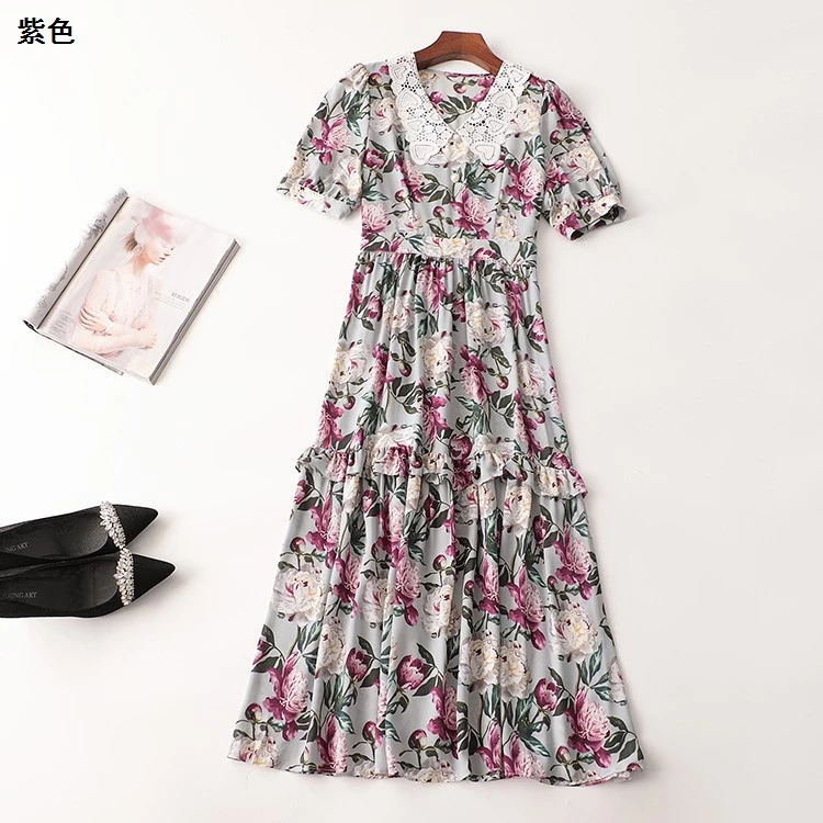 408634夏印花加长款五分袖V领连衣裙