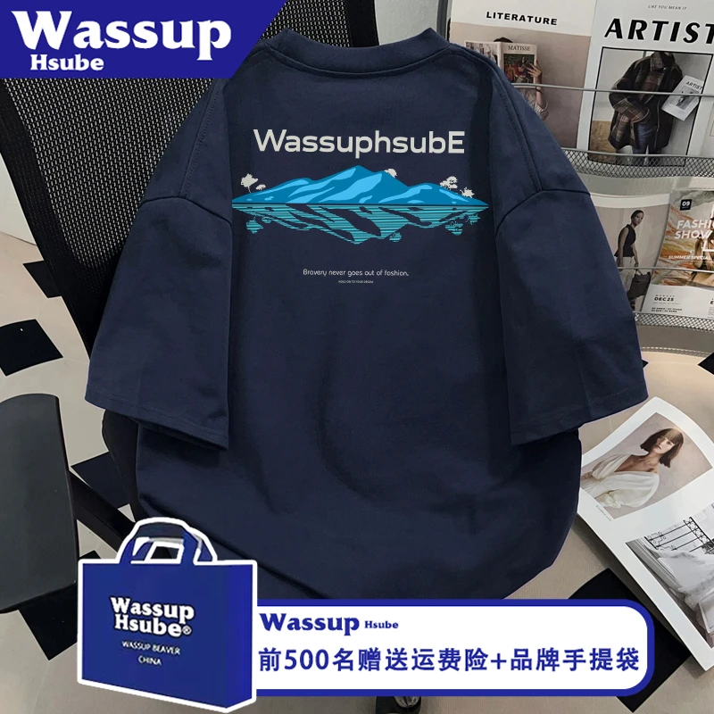 WASSUP HSUBE小众山峰印花T恤ins男女潮牌半袖夏穿搭藏青纯棉短袖