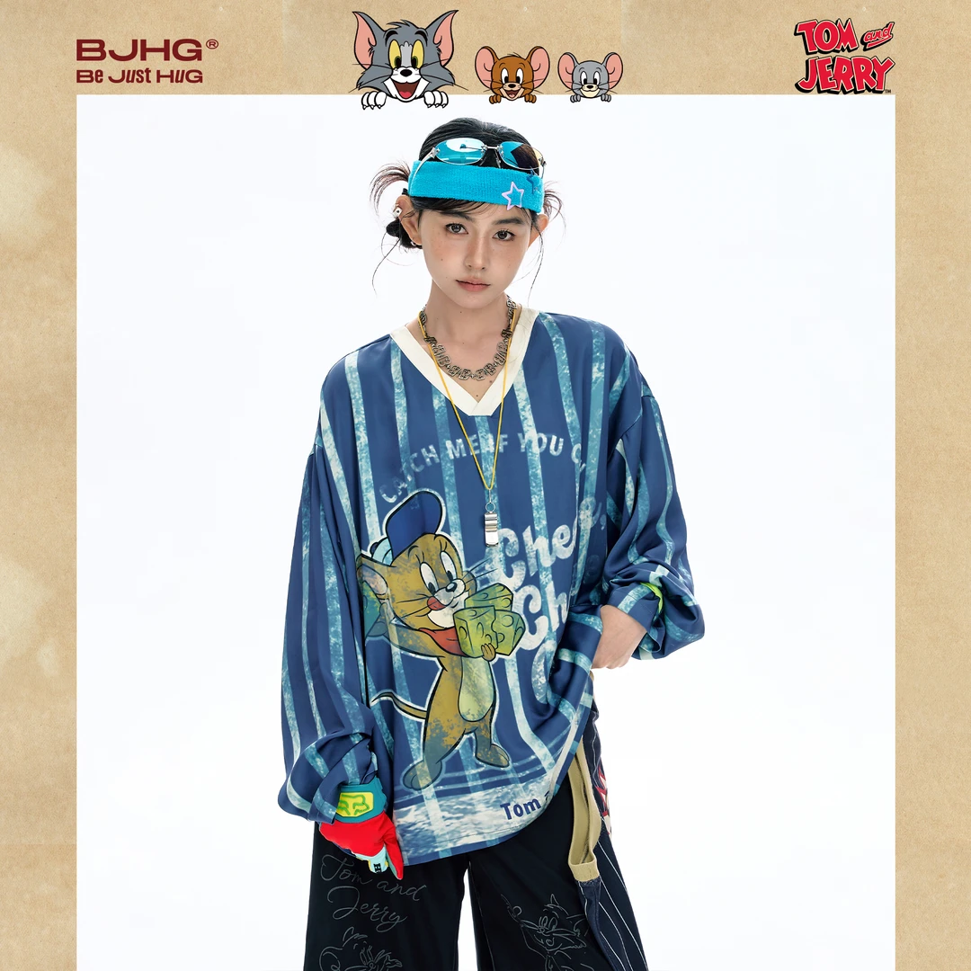 BJHG不计后果猫和老鼠联名长袖T恤男2025新款秋V领潮牌美式球衣女