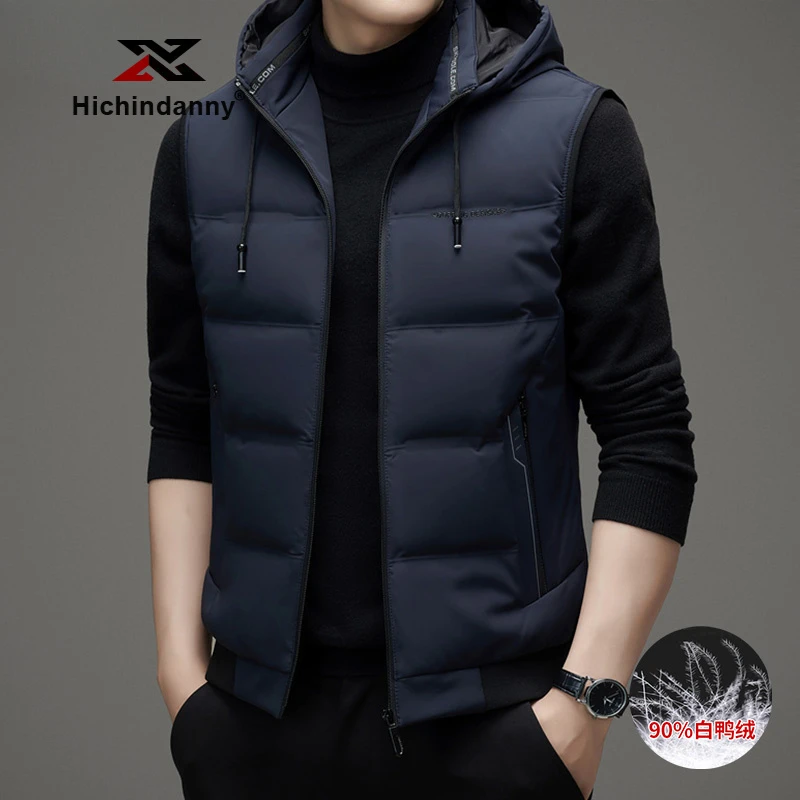HICHIN羽绒马甲男士冬季新款白鸭绒连帽保暖背心休闲运动马夹外套
