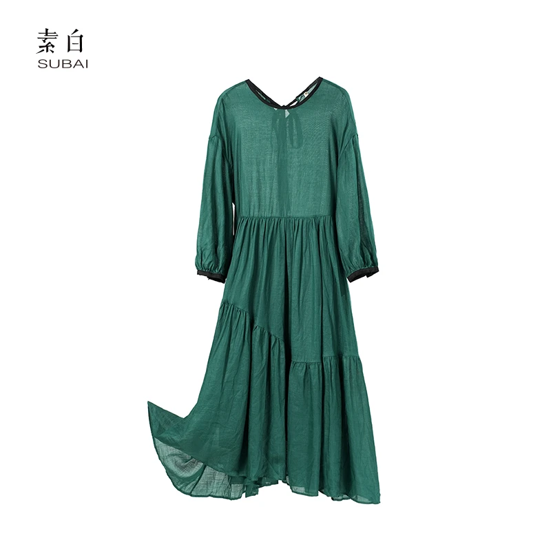 素白复古浪漫Q01375时尚百搭100%苎麻度假风连衣裙
