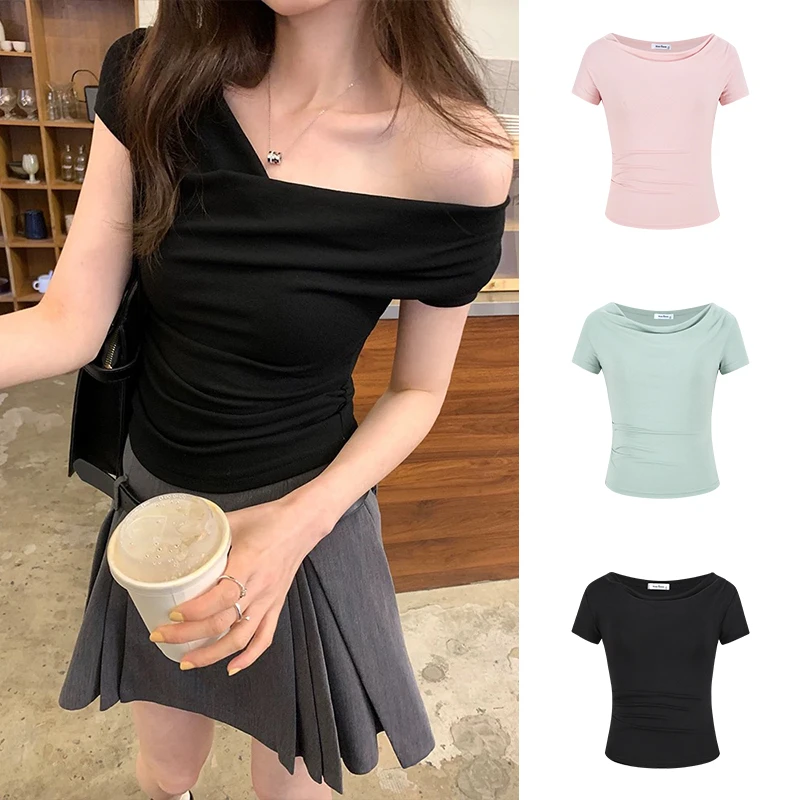 Moses Queen/魔西女王纯欲辣妹褶皱荡领短袖T恤掐腰一字肩短上衣