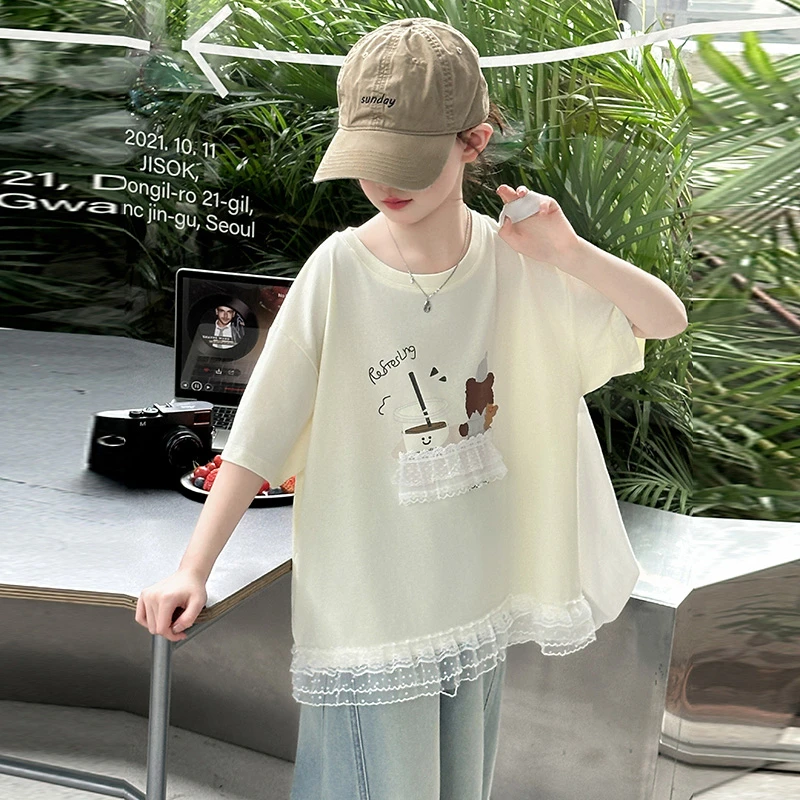 女童短袖t恤夏季2025新款儿童夏装薄款花边上衣大童半袖体恤韩版