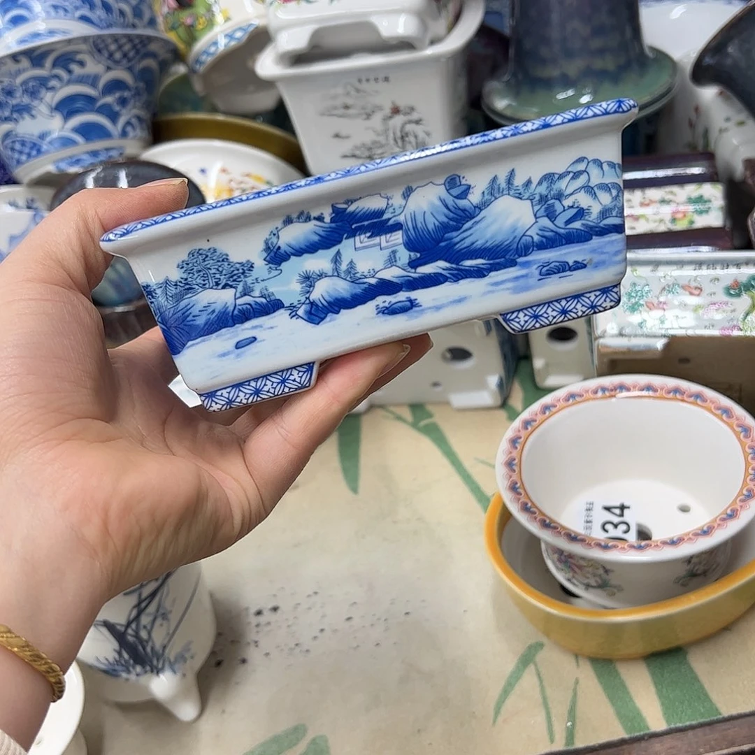 紫砂花盆903号瑕疵15/12/5cm仿手绘青花山水